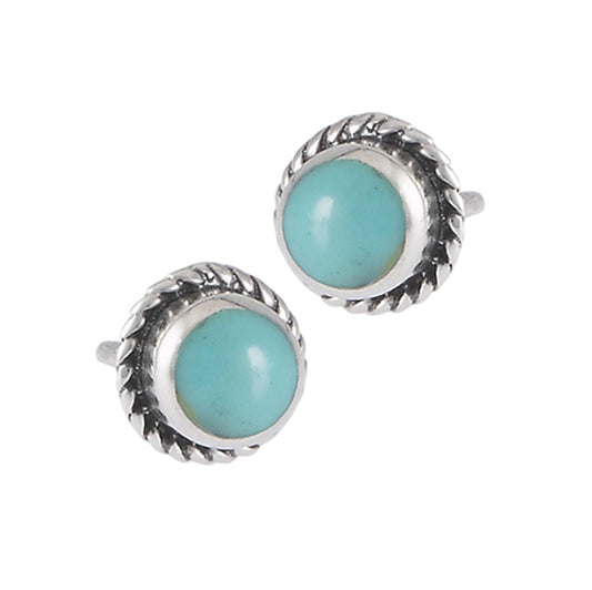 Endless Rope Cute Circle Post Boho Simulated Turquoise .925 Sterling Silver Stud Earrings