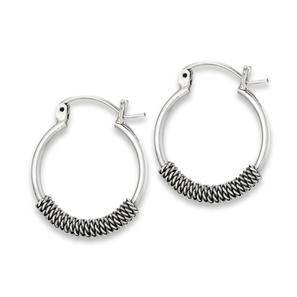 Bali Style Hoop Rope Wrapped Twisted .925 Sterling Silver Unique Simple Earrings