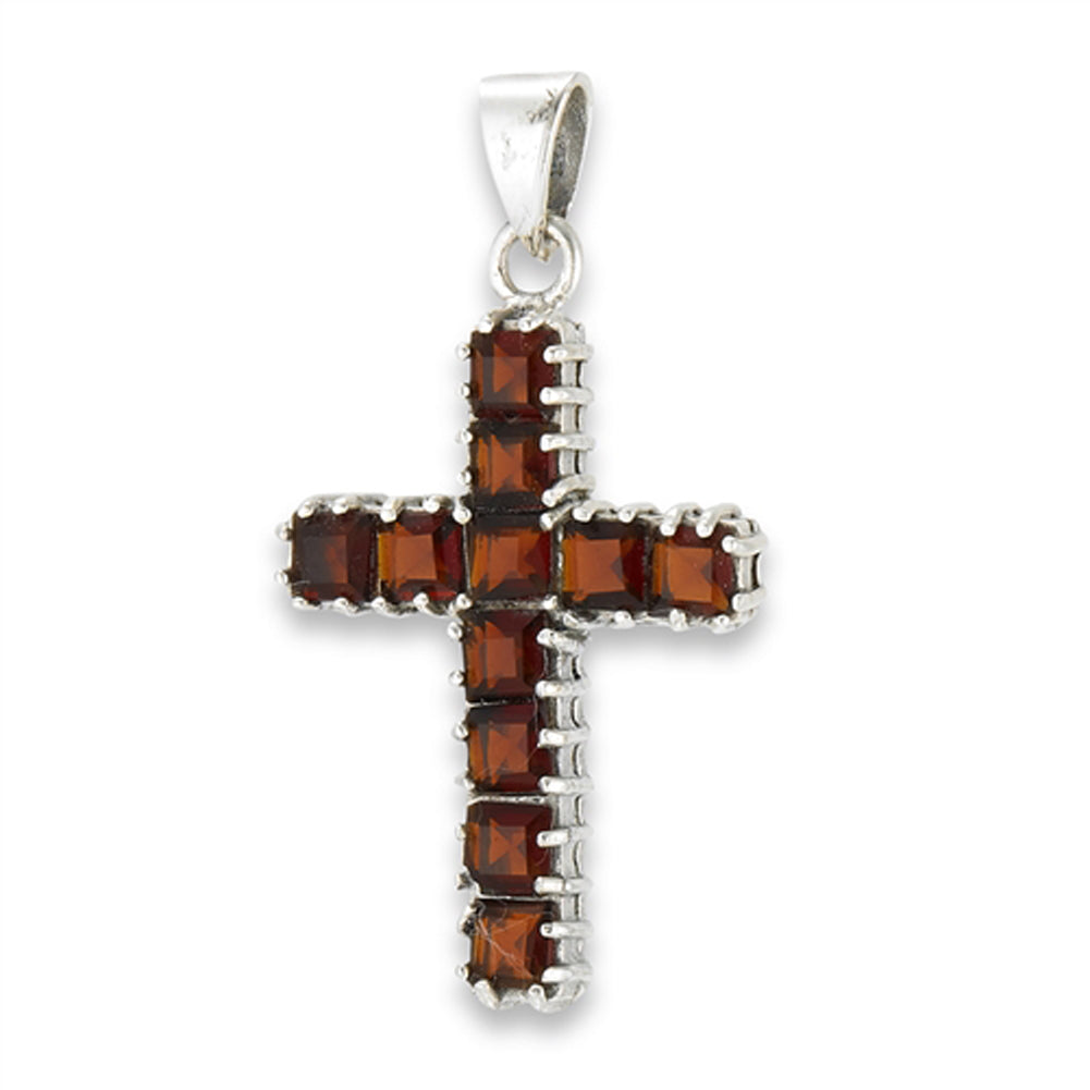 Lined Cross Pendant Simulated Garnet .925 Sterling Silver Christian Square Charm
