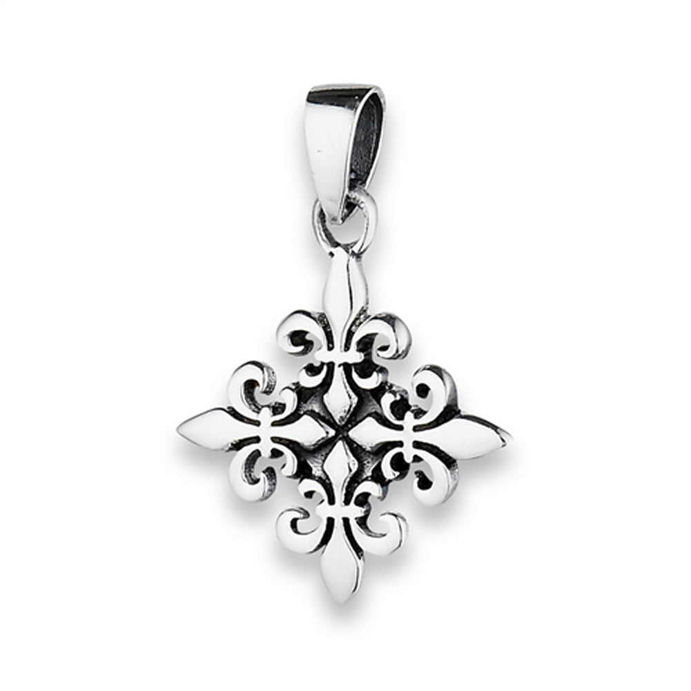 Repeating Fleur De Lis Pendant .925 Sterling Silver Cross Oxidized Square Charm