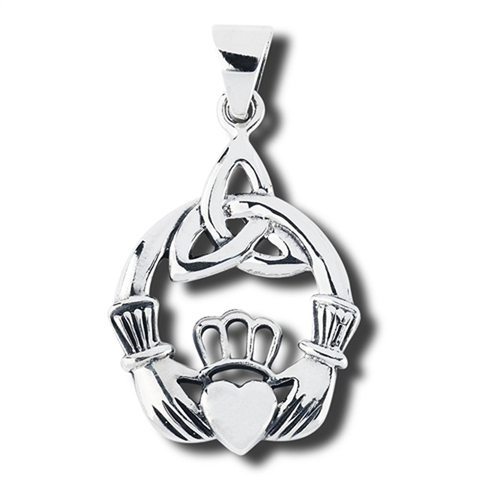 Chunky Claddagh Pendant .925 Sterling Silver Hands Triquetra Heart Trinity Charm