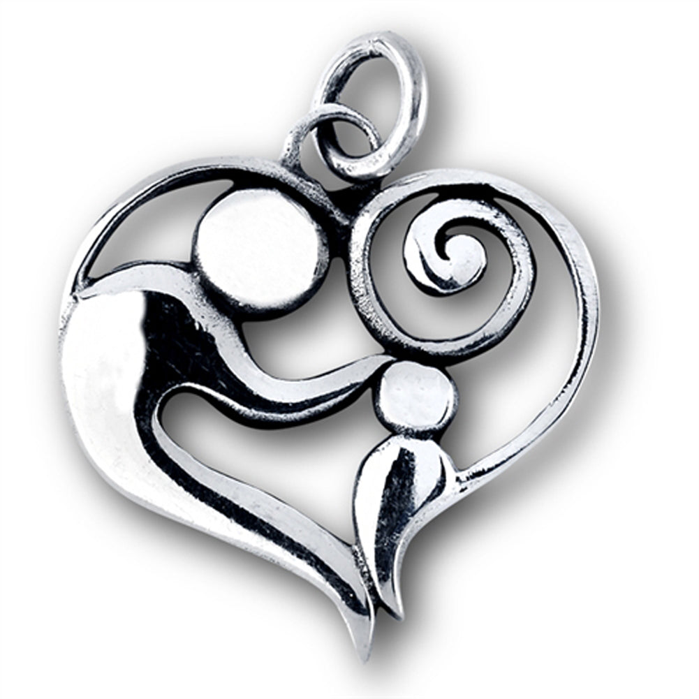 Family Heart Pendant .925 Sterling Silver Ornate Detailed Mother and Child Charm