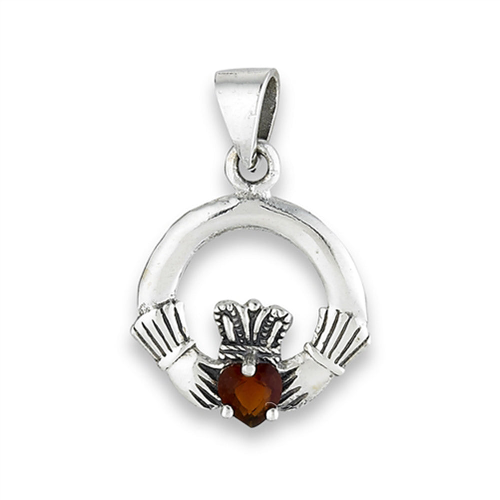 Circle Claddagh Pendant Simulated Garnet .925 Sterling Silver Forever Charm
