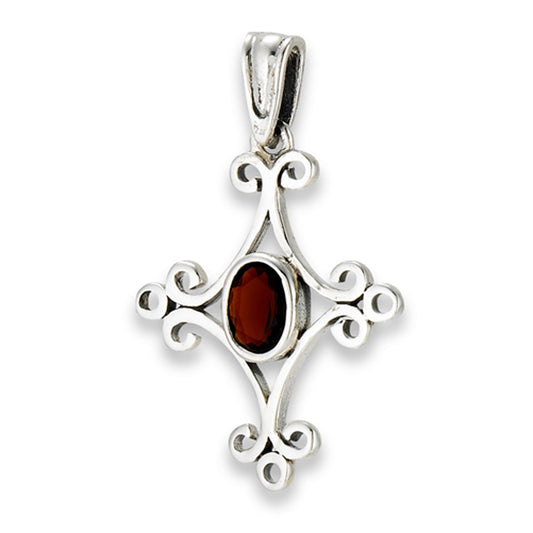 Medieval Cross Pendant Simulated Garnet .925 Sterling Silver Filigree Charm