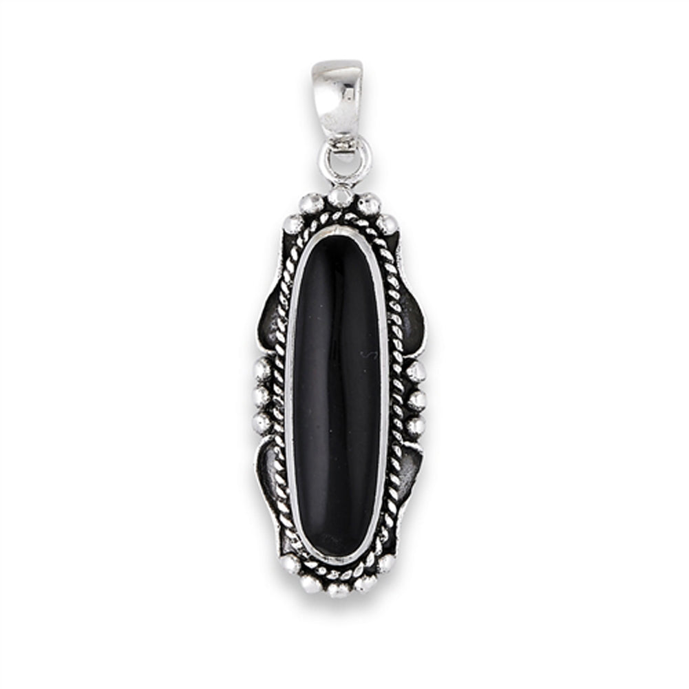 Oval Long Pendant Black Simulated Onyx .925 Sterling Silver Traditional Charm