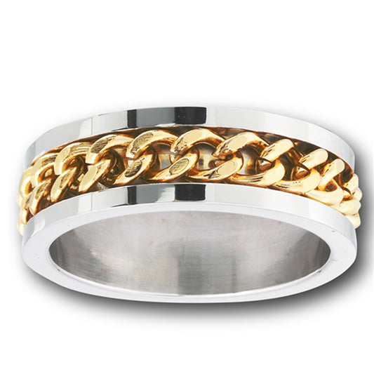 Gold-Tone Curb Link Chain Men's Wedding Ring New Stainless Steel Band Sizes 8-15