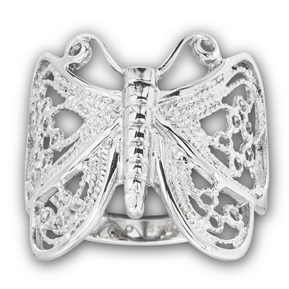 High Polish Filigree Butterfly Ring Stainless Steel Animal Wings Band Sizes 6-10