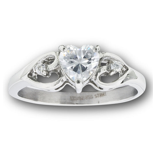 Clear CZ Heart Solitaire Filigree Promise Ring Stainless Steel Band Sizes 5-9
