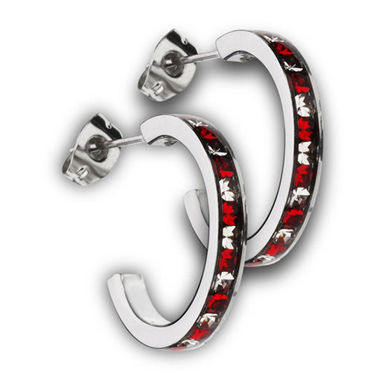 Hoop Sturdy Simulated Garnet Clear Simulated CZ Adorned Small Earrings