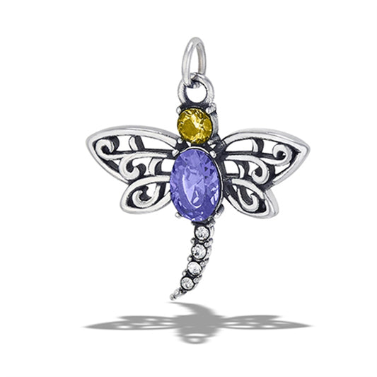 Stainless Steel Classic Multicolor CZ Dragonfly Pendant Ornate Fashion Charm