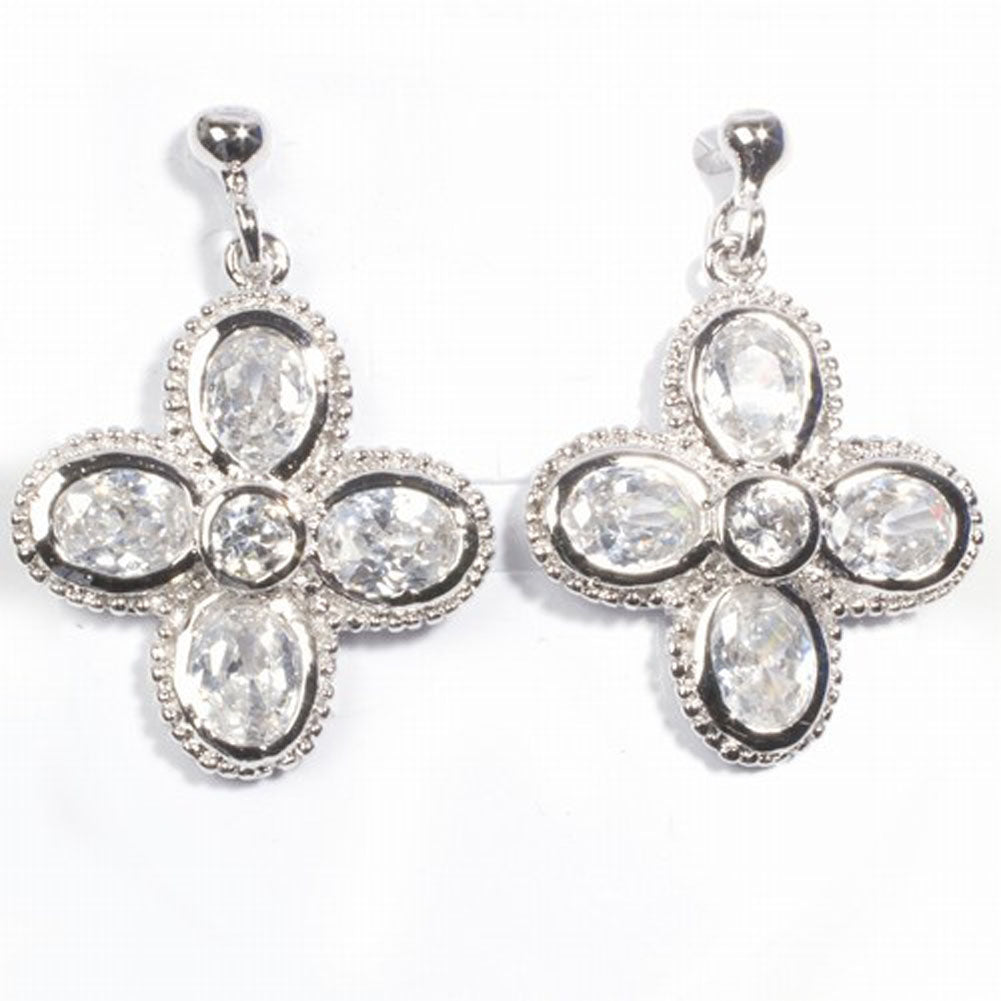 Sterling Silver Elegant Flower Cross Teardrop Statement Earrings Clear CZ 925