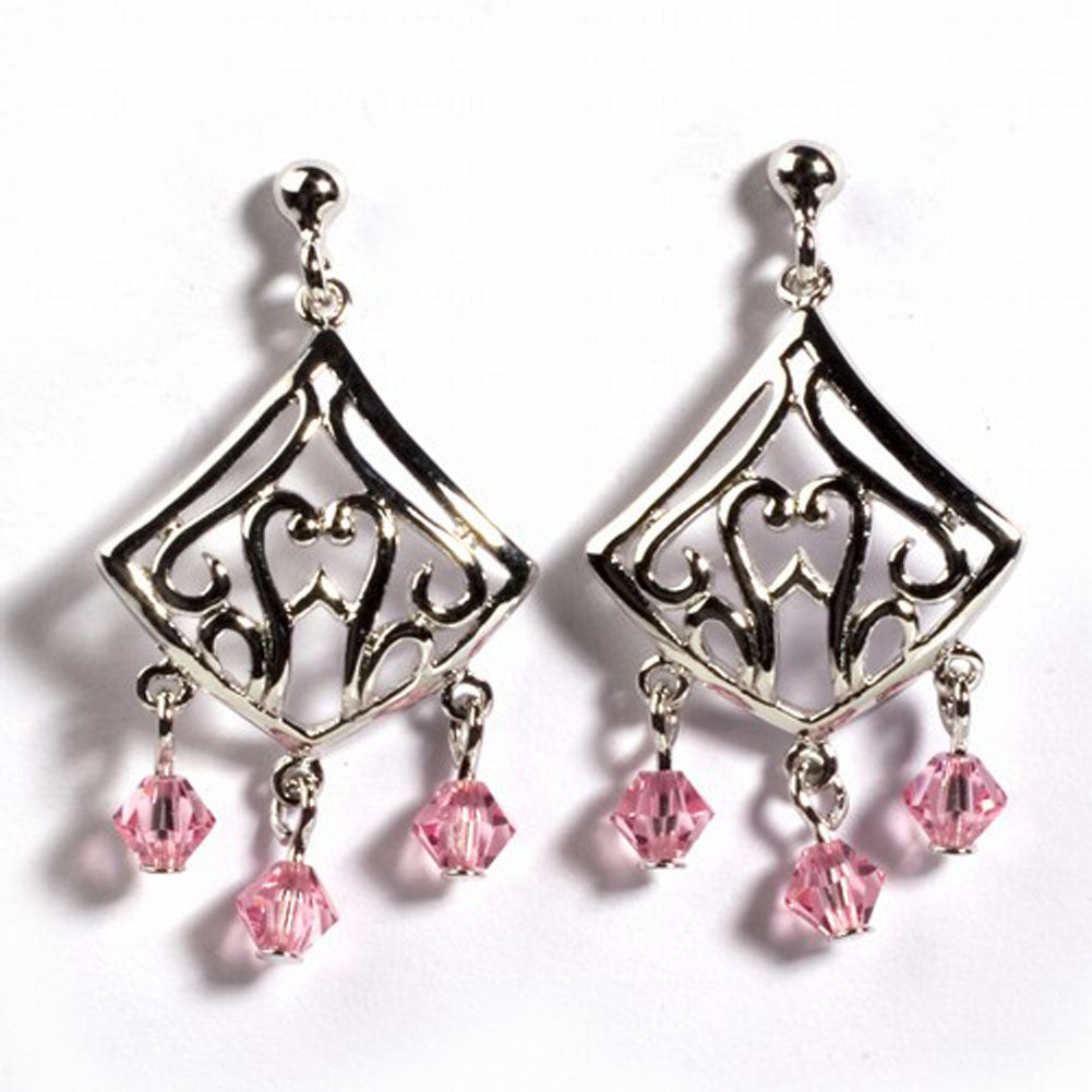 Sterling Silver Elegant Chandelier Filigree Swirl Ornate Earrings Pink CZ 925