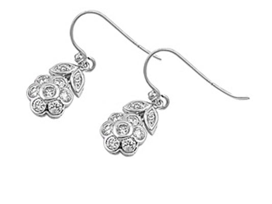 Flower Earrings Clear Simulated CZ .925 Sterling Silver
