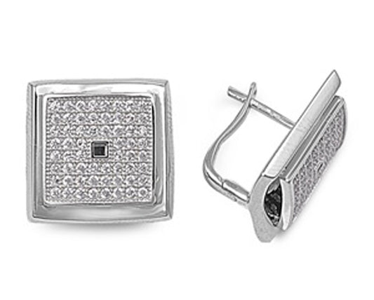 Micro Pave Square Earrings Clear Simulated CZ .925 Sterling Silver