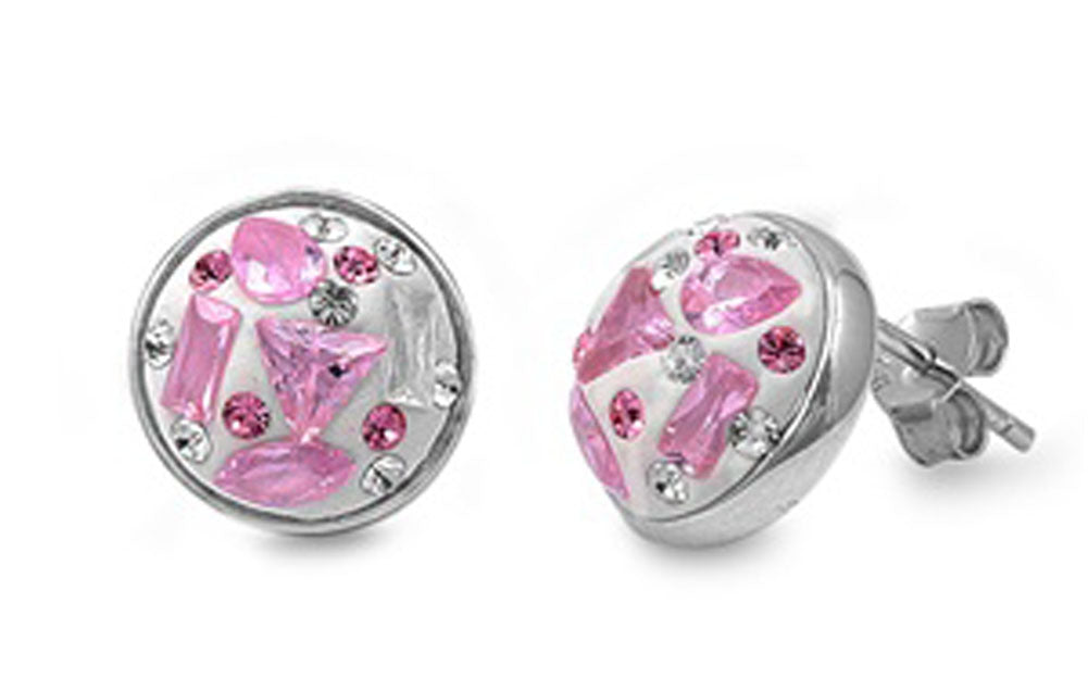 Mosaic Round Earrings Pink Simulated CZ Clear Simulated CZ .925 Sterling Silver