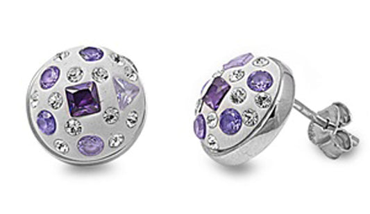 Mosaic Round Earrings Simulated Amethyst Simulated Lavender .925 Sterling Silver