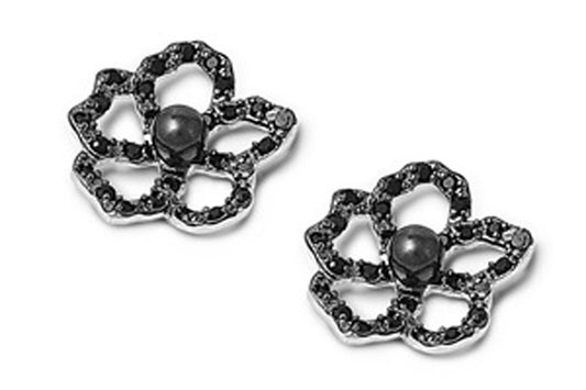 Flower Earrings Black Simulated CZ .925 Sterling Silver