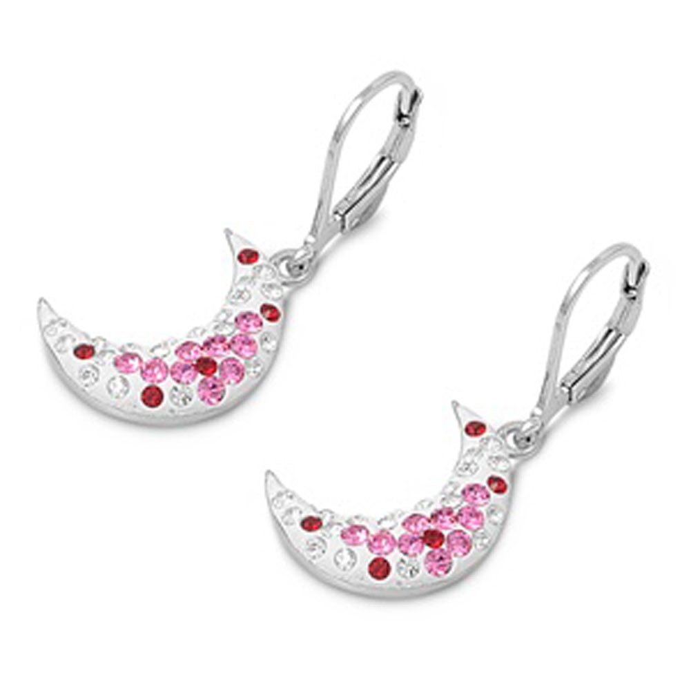 Mosaic Moon Earrings Pink Simulated CZ Clear Simulated CZ .925 Sterling Silver