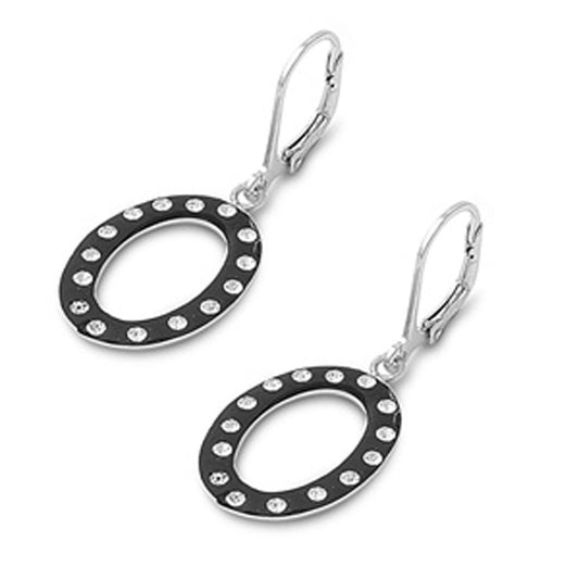 Black Oval Earrings Clear Simulated CZ .925 Sterling Silver