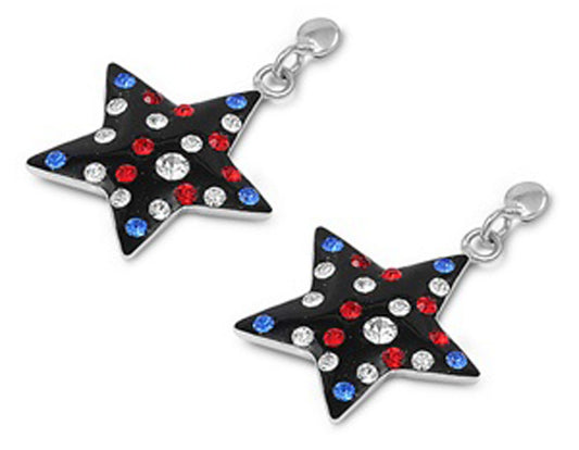 Mosaic Star Earrings Clear Simulated CZ Simulated Garnet .925 Sterling Silver