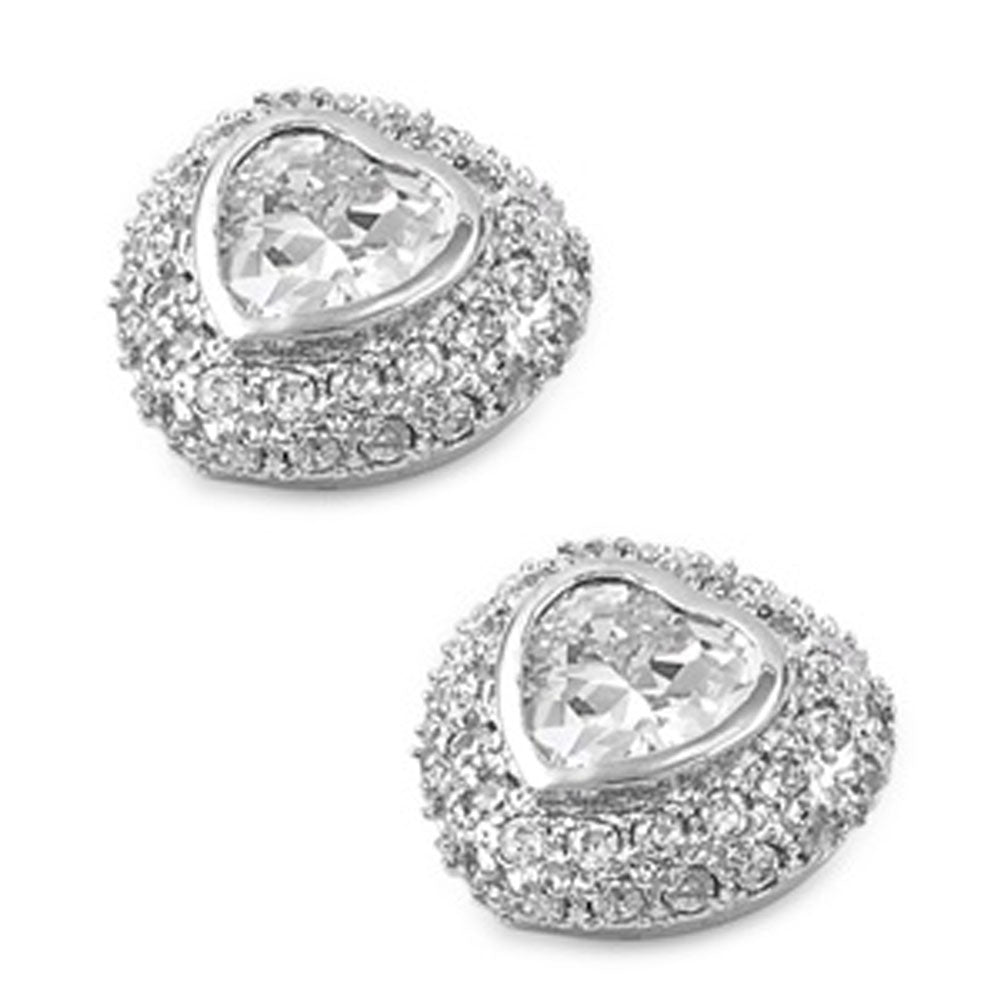 Micro Pave Heart Halo Earrings Clear Simulated CZ .925 Sterling Silver
