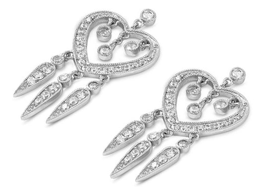 Heart Hanging Earrings Clear Simulated CZ .925 Sterling Silver