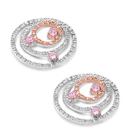 Rose Gold-Tone Circle Earrings Pink Simulated CZ Clear Simulated CZ .925 Sterling Silver
