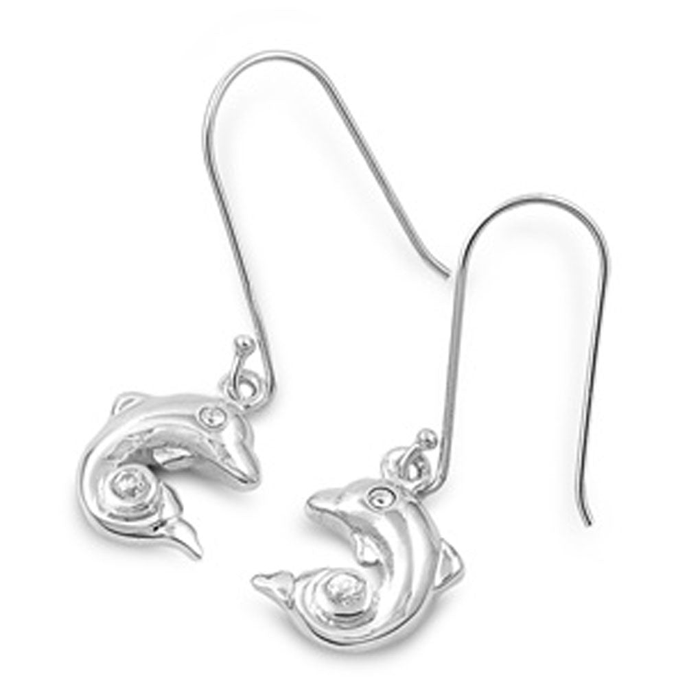 Dolphin Earrings Clear Simulated CZ .925 Sterling Silver