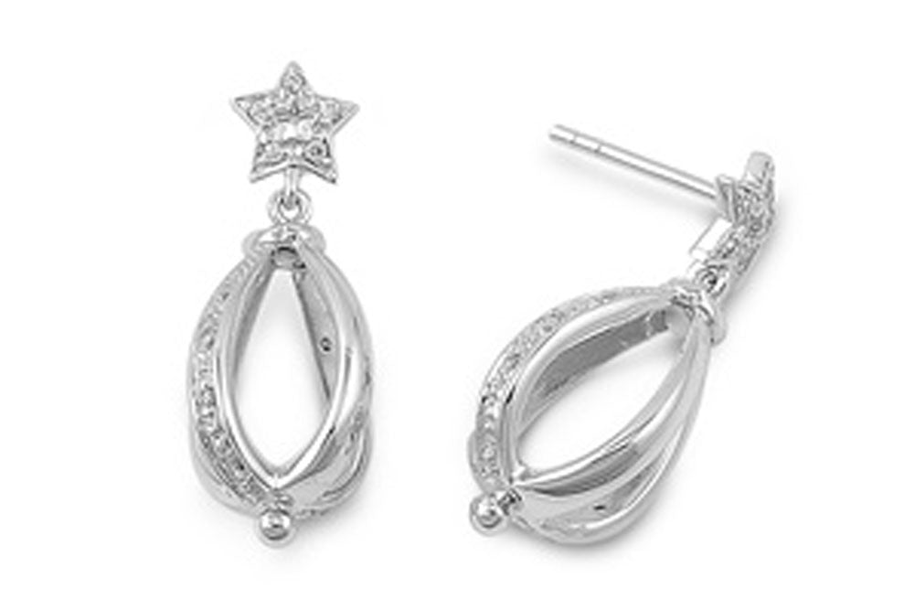 Star Hanging Earrings Clear Simulated CZ .925 Sterling Silver