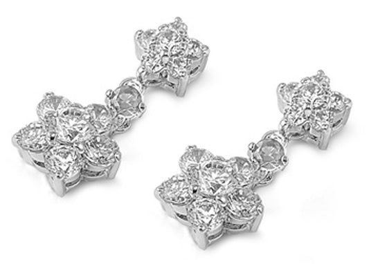 Flower Earrings Clear Simulated CZ .925 Sterling Silver