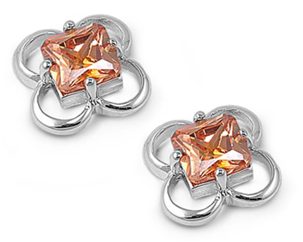 Plumeria Square Earrings Champagne Simulated CZ .925 Sterling Silver