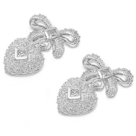 Ribbon Hanging Heart Bow Earrings Clear Simulated CZ .925 Sterling Silver