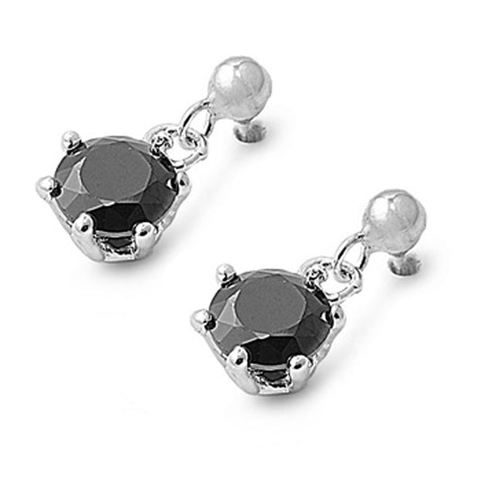 Round Hanging Earrings Black Simulated CZ .925 Sterling Silver