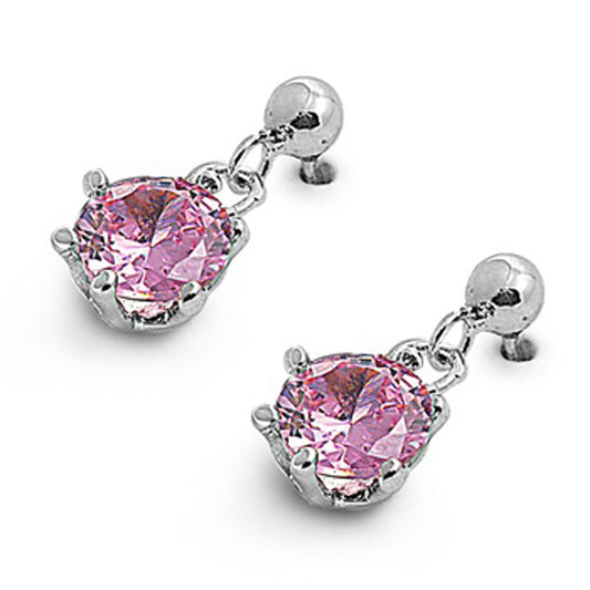 Round Hanging Earrings Pink Simulated CZ .925 Sterling Silver