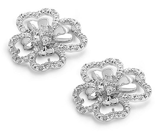 Heart Flower Earrings Clear Simulated CZ .925 Sterling Silver