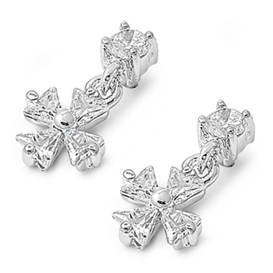 Cross Hanging Earrings Clear Simulated CZ .925 Sterling Silver