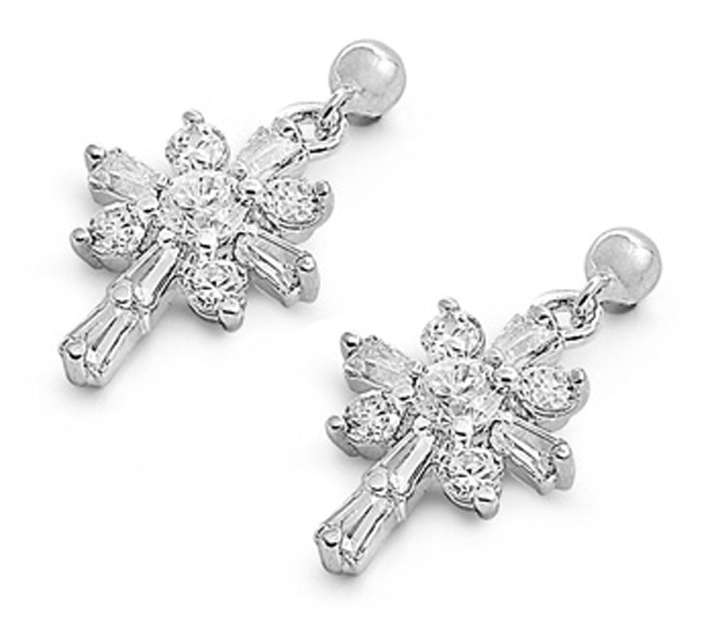 Cross Flower Earrings Clear Simulated CZ .925 Sterling Silver