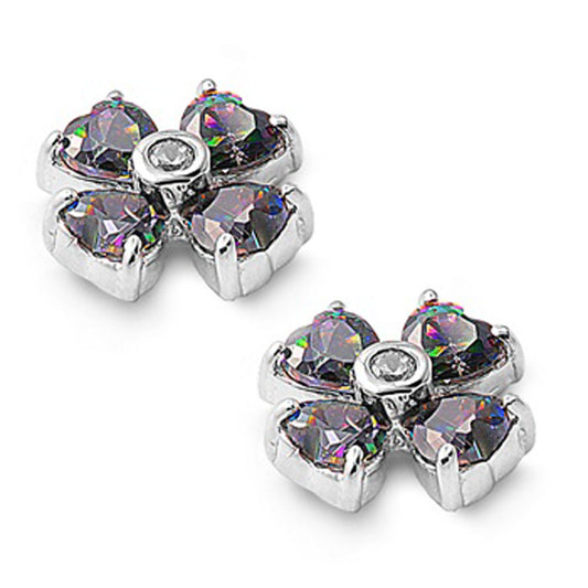 Flower Earrings Rainbow Simulated Topaz Clear Simulated CZ .925 Sterling Silver