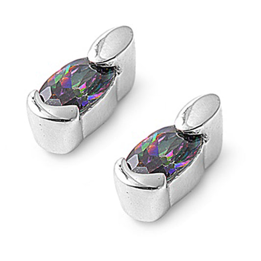 Oval Curve Unique Multi Shape Fashion Rainbow Simulated Topaz .925 Sterling Silver Earrings