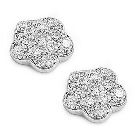Micro Pave Flower Earrings Clear Simulated CZ .925 Sterling Silver