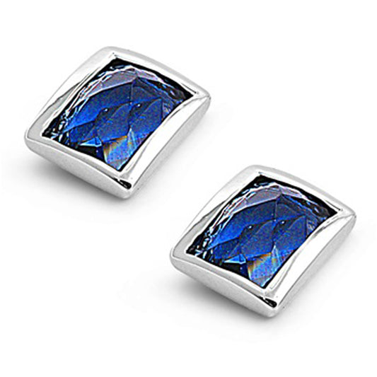 Framed Curved Rectangle High Polish Blue Simulated Sapphire .925 Sterling Silver Earrings