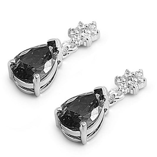 Star Teardrop Hanging Earrings Black Simulated CZ Clear Simulated CZ .925 Sterling Silver