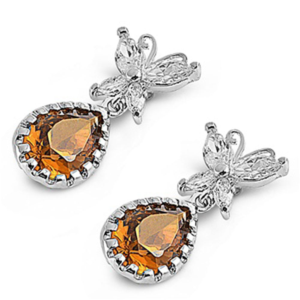 Teardrop Butterfly Earrings Champagne Simulated CZ Clear Simulated CZ .925 Sterling Silver