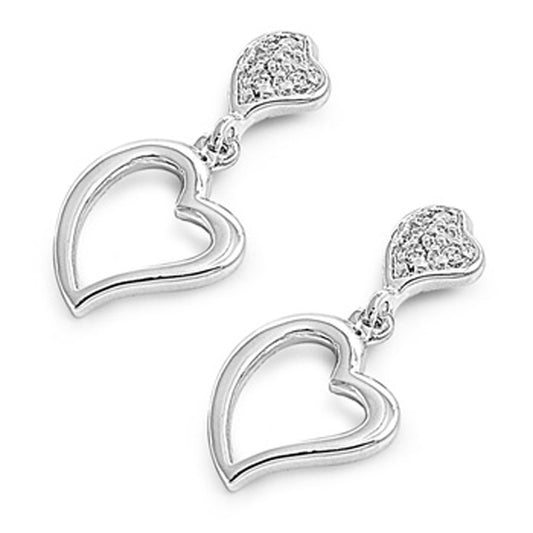 Heart Hanging Earrings Clear Simulated CZ .925 Sterling Silver
