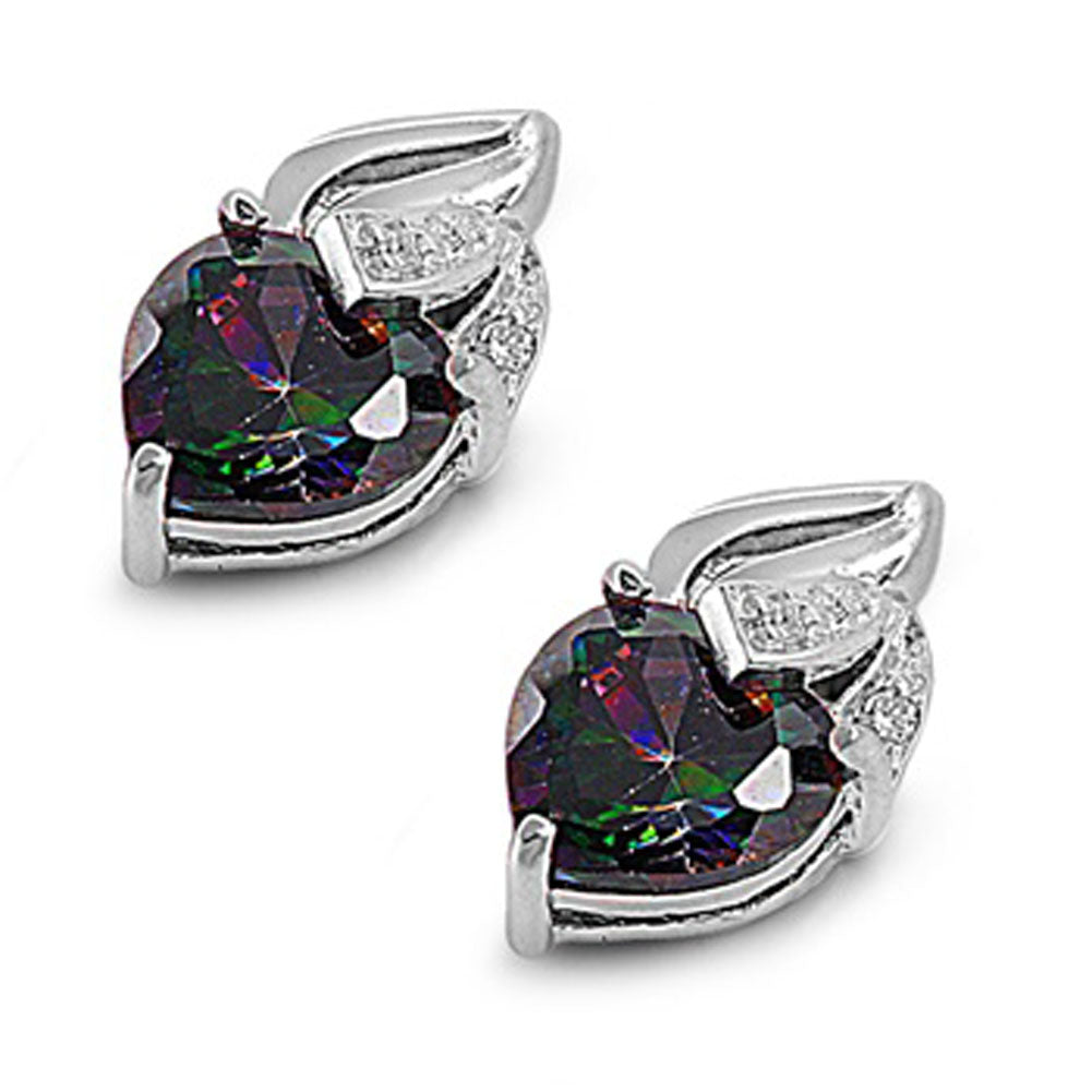 Heart Earrings Rainbow Simulated Topaz Clear Simulated CZ .925 Sterling Silver