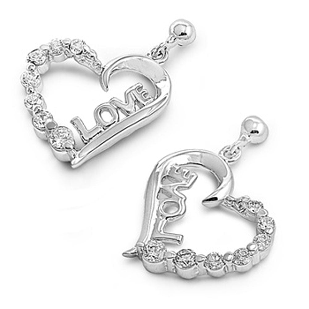 Love Heart Hanging Earrings Clear Simulated CZ .925 Sterling Silver