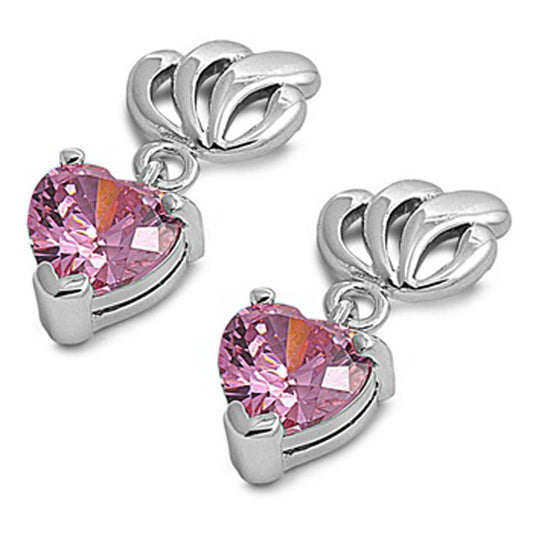 Heart Hanging Earrings Pink Simulated CZ .925 Sterling Silver