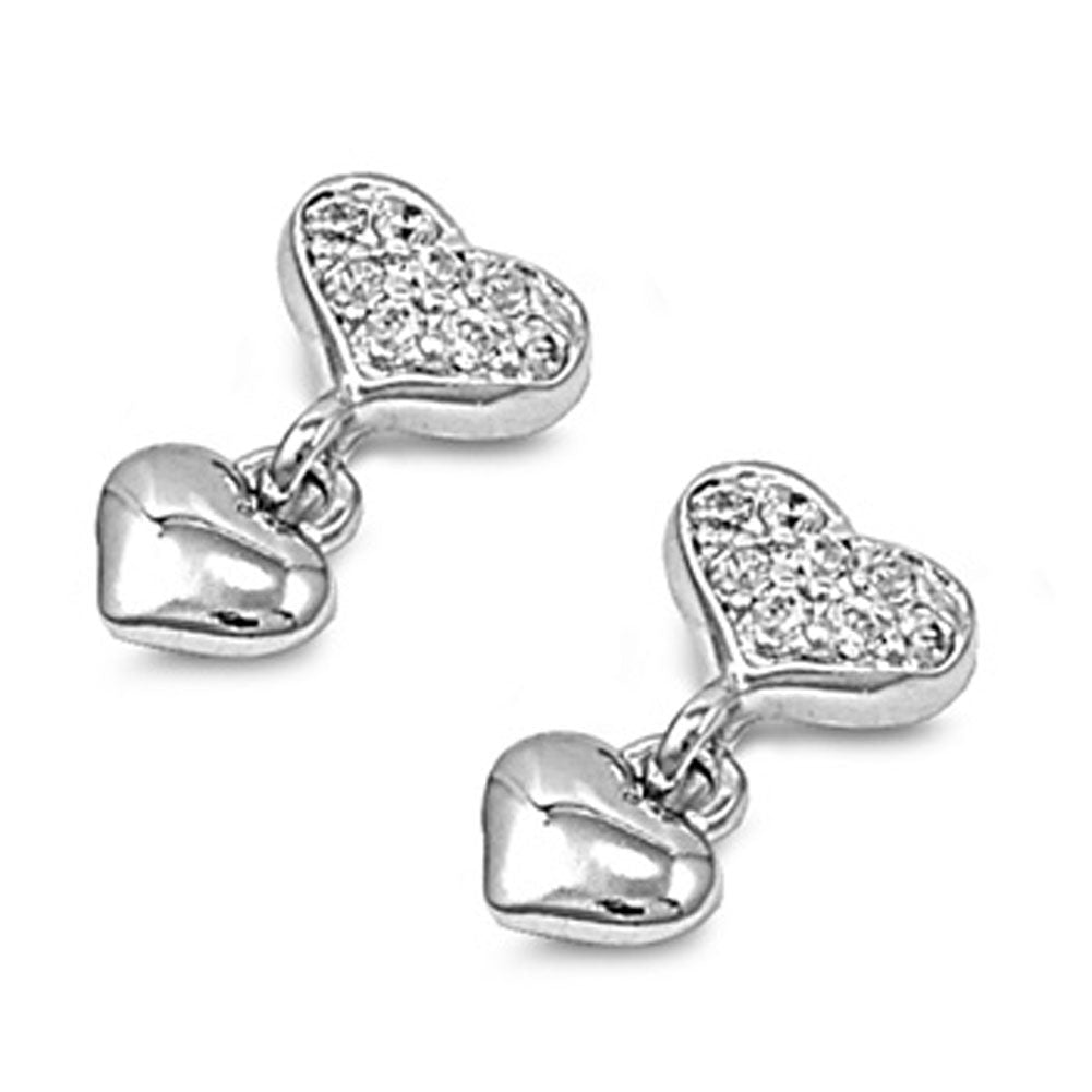Micro Pave Heart Hanging Earrings Clear Simulated CZ .925 Sterling Silver