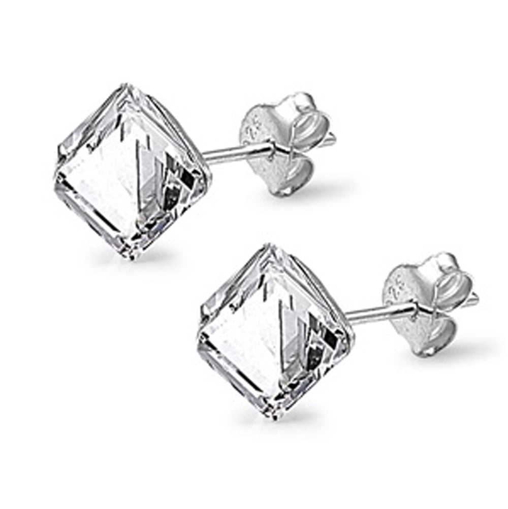 Sterling Silver Simple Cube Traditional Elegant Minimalist Earrings Clear CZ 925
