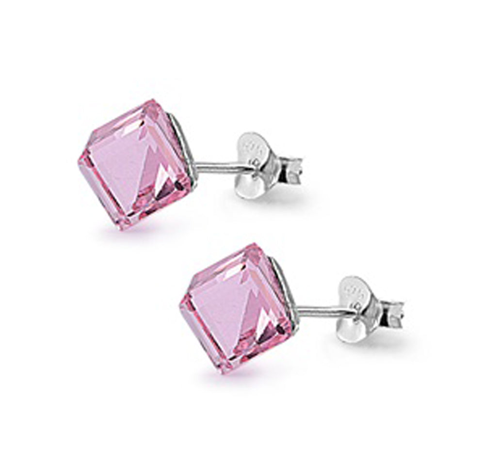 Sterling Silver Simple Cube Traditional Classic Geometric Earrings Pink CZ 925